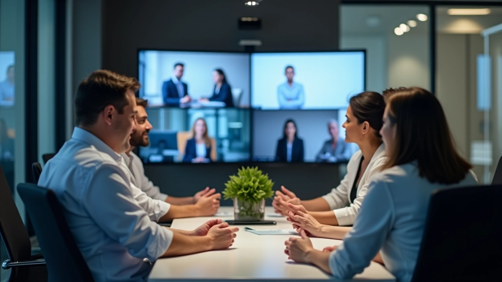 Team members engaged in remote video conference meeting showing effective hybrid work coordination in action