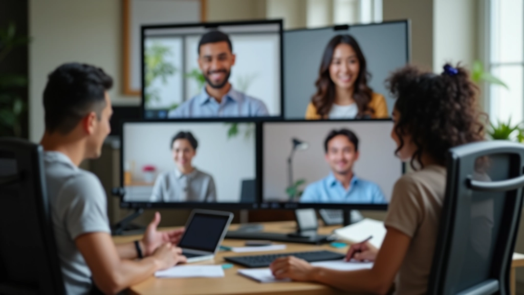 Multiple video call screens showing team members in different locations participating in real-time meeting, diverse participants, bright home office settings