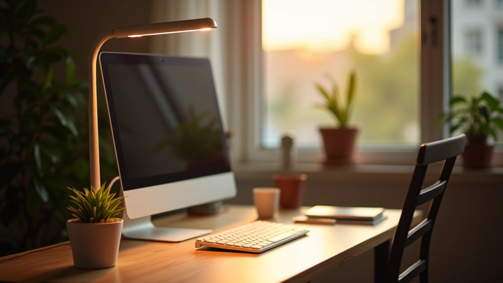 Task lighting setup with warm LED desk lamp and natural window light in home office