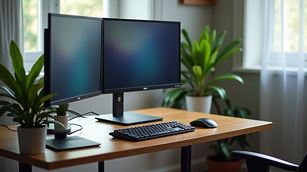 Multi-monitor setup with keyboard and mouse positioned for ergonomic comfort