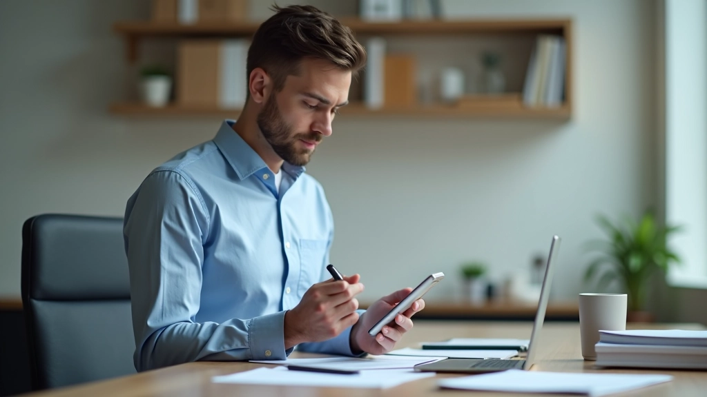 Man reviewing meeting agenda on digital tablet, organized notes visible, focused expression