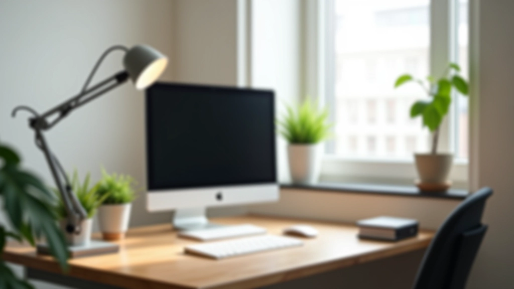 Minimalist home office corner with desk lamp, monitor, and organized workspace