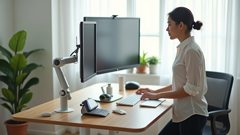 Standing and sitting desk setup with monitor at eye level and keyboard at elbow height
