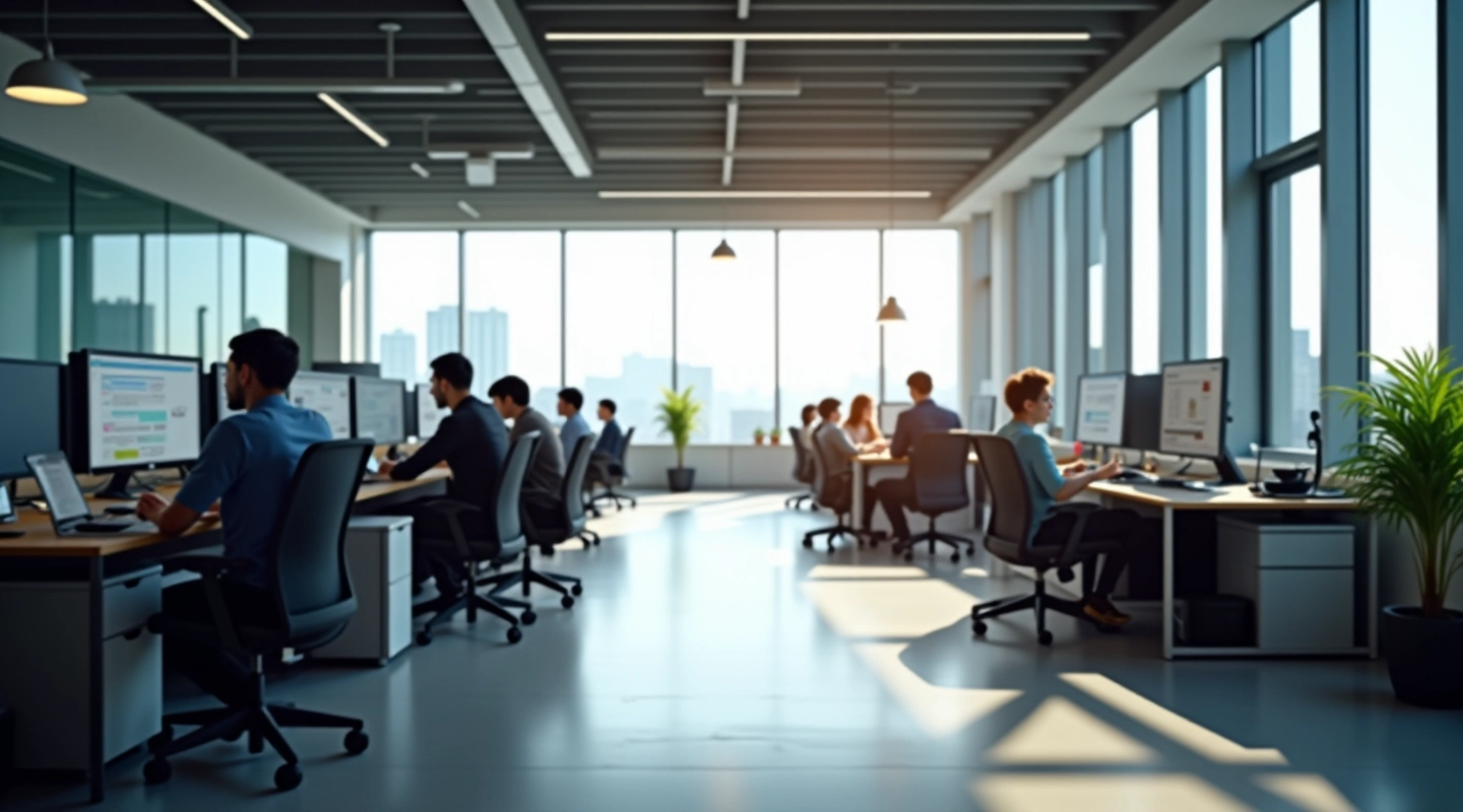 Modern open office workspace with collaborative team setup