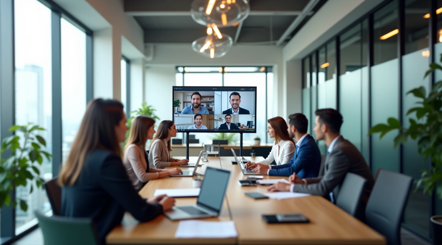 Modern collaborative workspace with hybrid team members working together across physical and remote locations