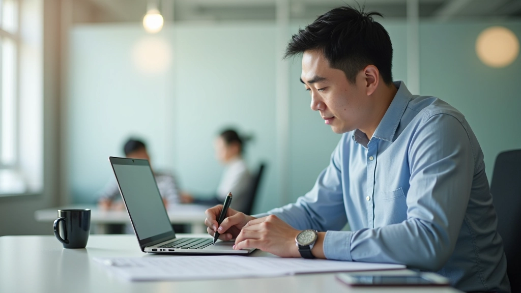 Person typing meeting notes and action items on laptop during video call, focused on documentation