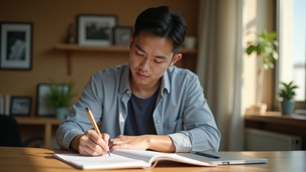Person writing detailed project notes in notebook with organized bullet points and clear handwriting, calm workspace