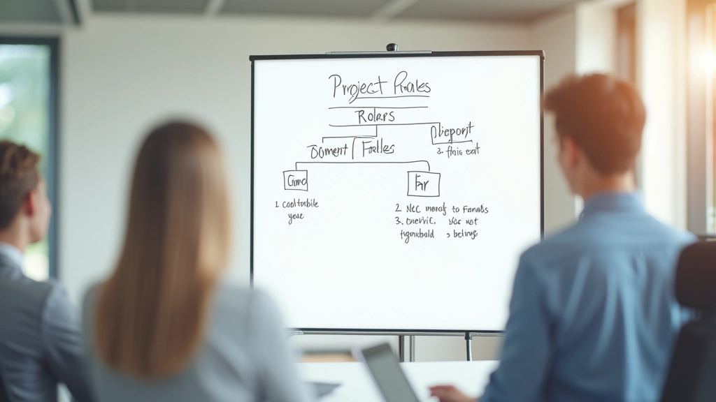 Organizational chart or project timeline on whiteboard showing clear roles and responsibilities, meeting room setting