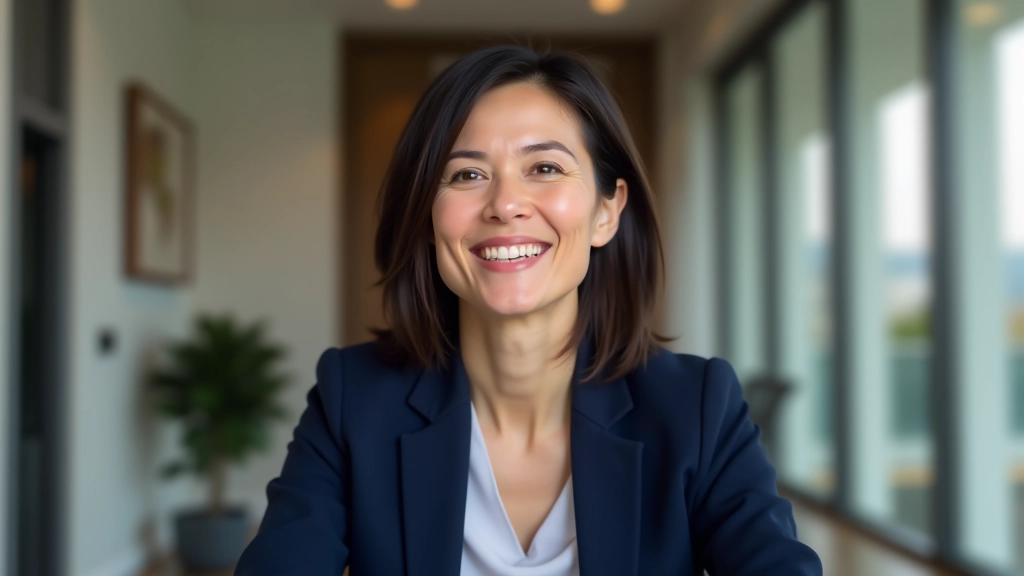 Woman speaking confidently during video meeting, professional setting, camera view showing engagement